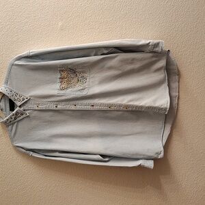 Women's Casual Light Gray Embellished Chambray Button Down High Low Shirt B2 X P